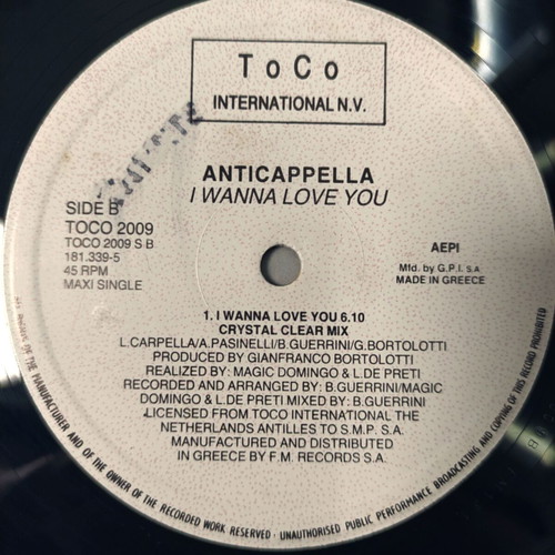Anticappella I Wanna Love You 12'' Vinyl Maxi Single used, electronic
