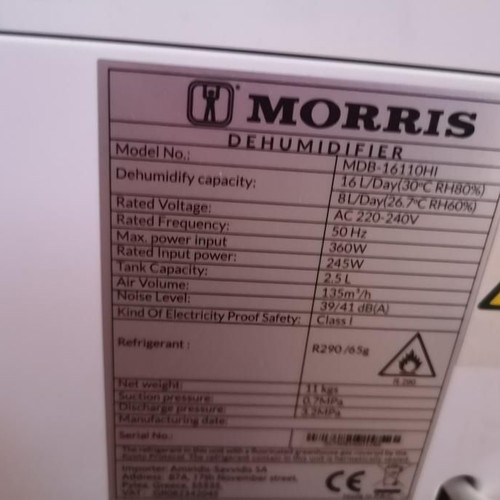 Morris MDB-16110HI Dehumidifier like new, 16L/24h, ionizer, 40-60sqm
