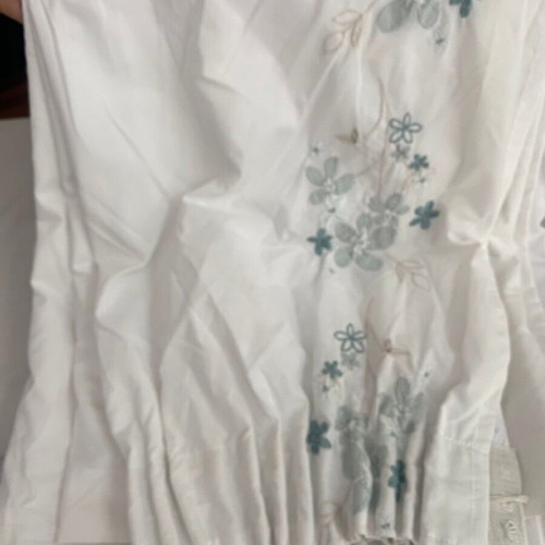 White lined curtains with green floral strip, 160x225 cm