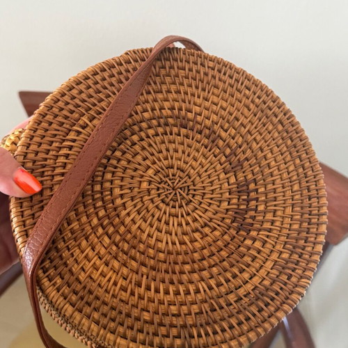 Bamboo round straw bag crossbody like new, brown