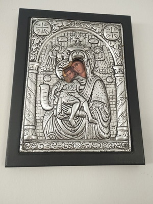 Silver Icon Panagia Axion Esti 24x19cm like new with gift oval Nativity icon