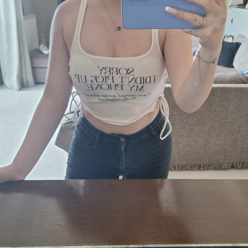 Bershka Off-White Crop Top like new, XS, side cords, vintage print