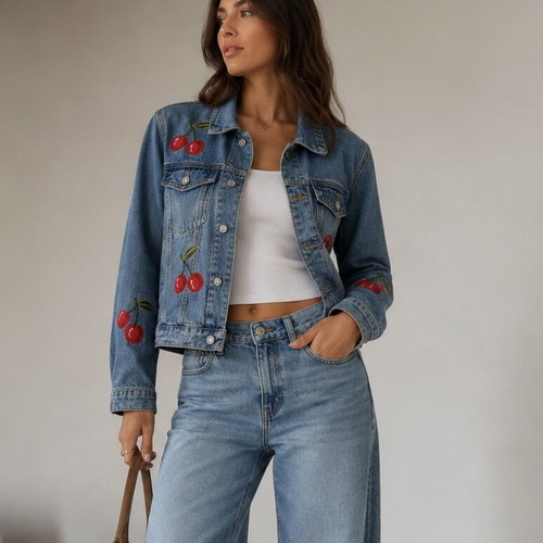 Forever 21 Cherry Denim Jacket Size Small Like New