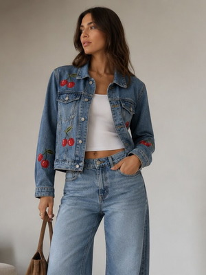 Forever 21 Cherry Denim Jacket Size Small Like New