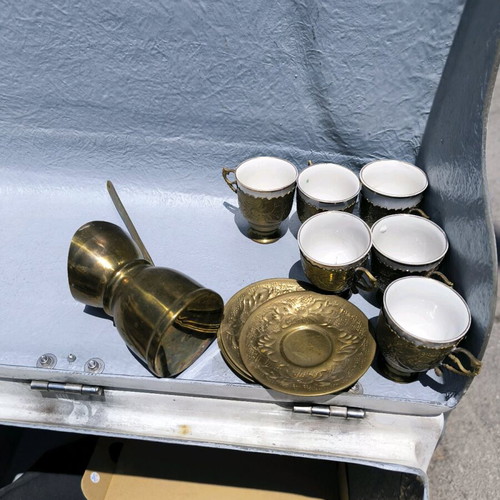 Set of 6 vintage coffee cups with copper saucers, bases and briki like new