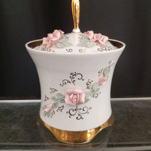Vintage Kislovodsk USSR jar with embossed roses and lid from 1980