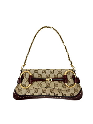 Gucci GG Canvas Horsebit Chain τσάντα ώμου μεταχειρισμένη, μπεζ και κόκκινη