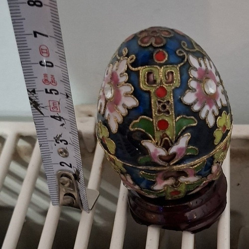 Vintage Cloisonné Easter egg with wooden base like new