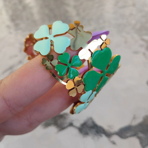 Steel Bracelet Cuff with Green Four-Leaf Clovers, New