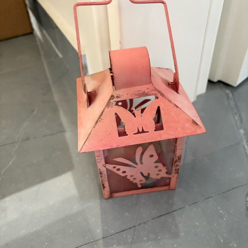 Lantern with tealight used, about 15 cm, coral color