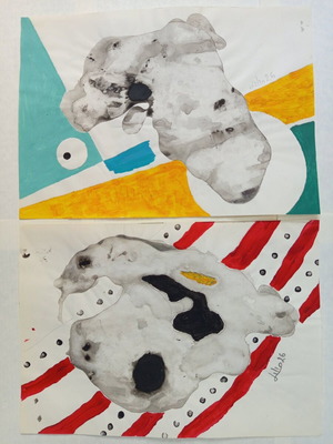 Lot of 2 abstract drawings on paper, A4 size, ink/acrylic/pencil