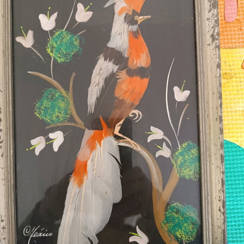 Frame used with wooden border and bird feathers from Mexico