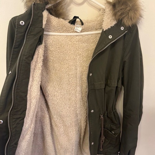 H&M winter parka jacket like new, green, with fur