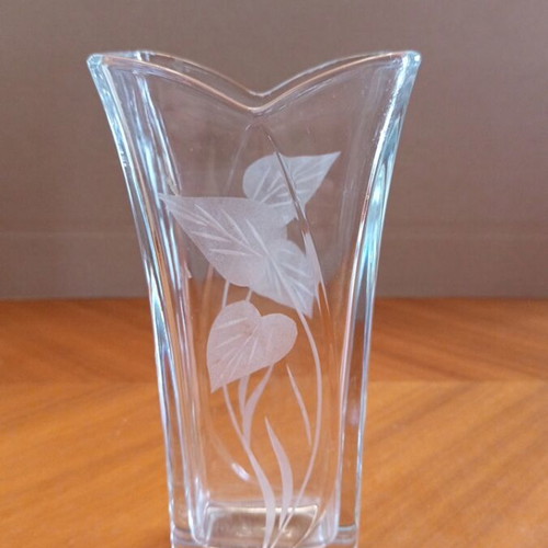 Vintage Italian glass vase with leaf engraving, mid-century 70s