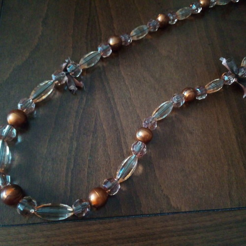 Long necklace with acrylic bronze pearls and transparent beads like new
