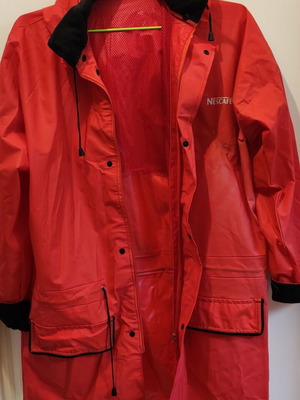 Nescafe promotional waterproof jacket used with broken zipper