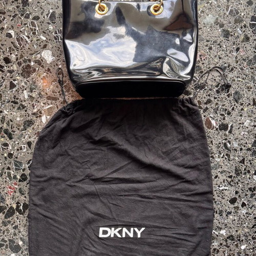 DKNY black PVC shoulder tote handbag with golden chain like new
