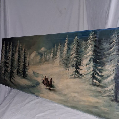 Winter painting by J. Denis used, 117x47 cm, snowy forest landscape