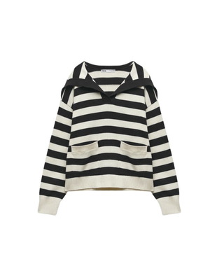 Zara Sweater With Collar And V Neck Striped Blue With Ecru Like New