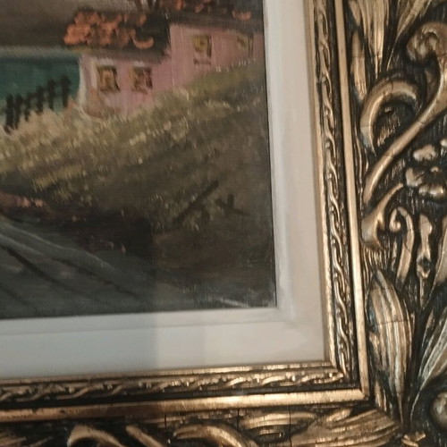 Signed landscape painting with antique double frame, like new