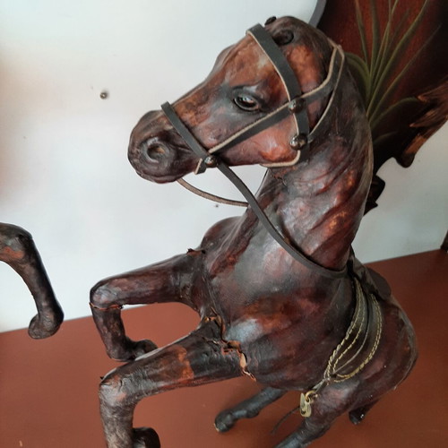 Vintage leather horse pair used, handmade decoration