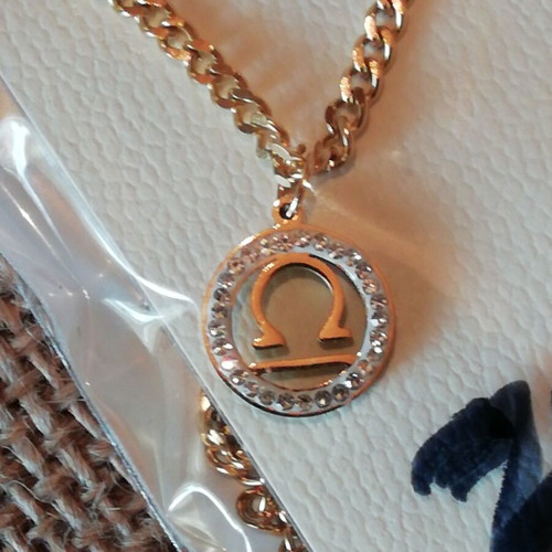 Libra necklace gold plated steel with clear zirconia new