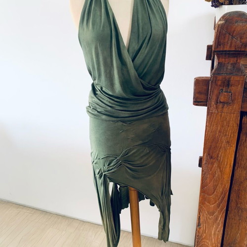 Dyens + Fotinaki handmade green set with asymmetrical skirt