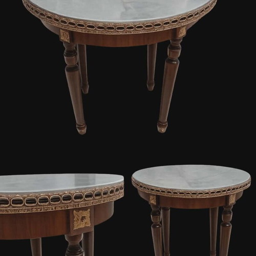 Vintage round coffee table with metal decoration and marble top like new