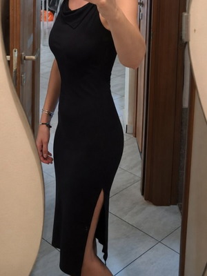 Black fitted dress with adjustable straps, slit and open back, like new