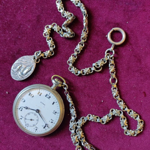 Cyma silver-plated pocket watch with silver-plated chain and religious medal used