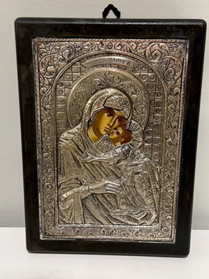 Panagia Glykofilousa Icon silver 950, like new, Byzantine Museum replica