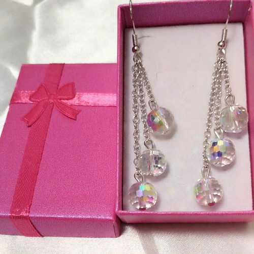 Earrings with Transparent Polyhedral Beads New, Silver and White
