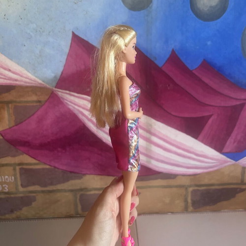 Barbie Fashionistas Party Glam doll with metallic multicolor dress and fuchsia heels, Mattel