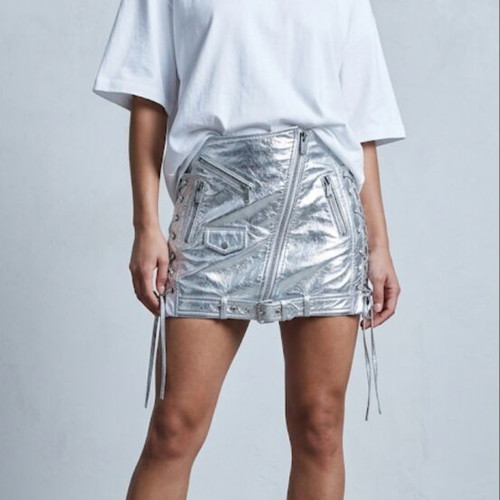 Manokhi metallic mini skirt XS real leather like new, silver