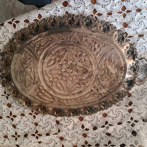 Serving tray old handmade silver-plated used 49x30cm