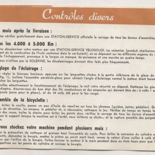 Velosolex Bicycle 'Use and Maintenance' French Brochure 1969 used