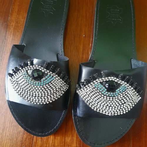 Leather women's flat sandals with eye-shaped stones new, black, size 37