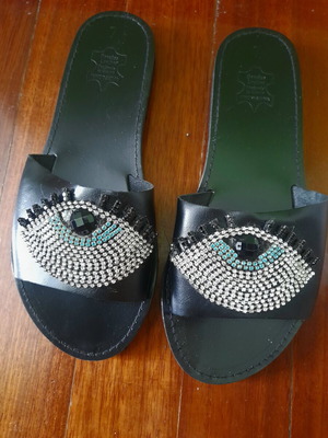 Leather women's flat sandals with eye-shaped stones new, black, size 37
