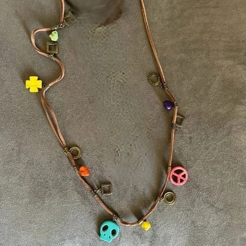 Bohemia boho necklace with leather cord, multicolored