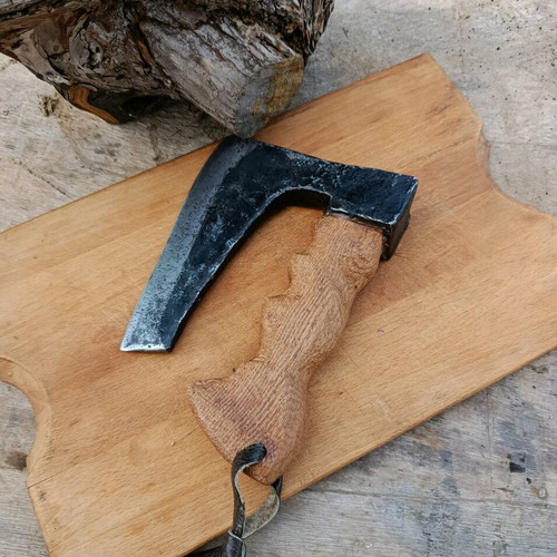Antique hand axe used, oak handle with genuine leather