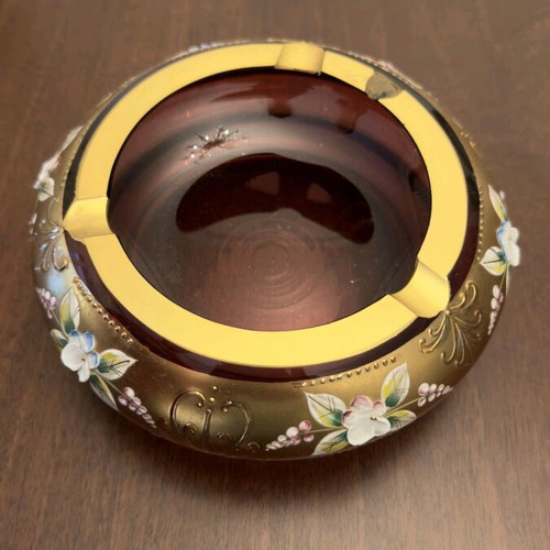 Bohemian ashtrays used, set of 2, decorated with enamel