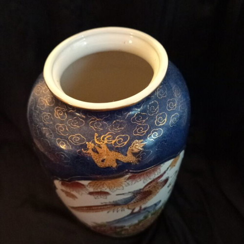 Vintage porcelain set Royal Satsuma vase and bowl cobalt and gold like new