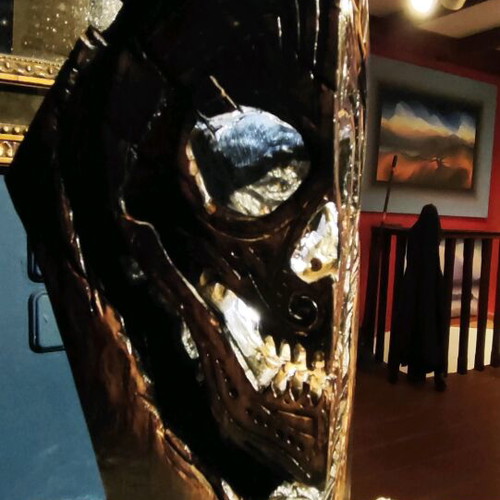 Handmade wooden carved table lamp skull with led lighting