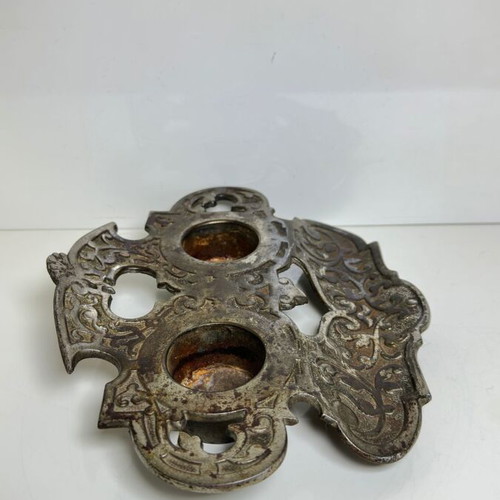 Antique double iron desk inkwell with baroque decoration