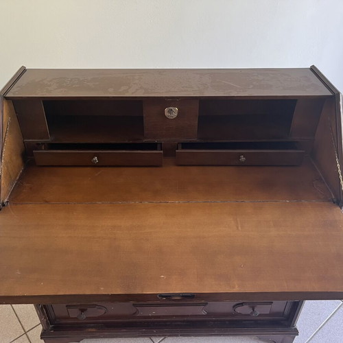 Vintage wooden secretary desk, dark brown, 3 outer and 2 inner drawers