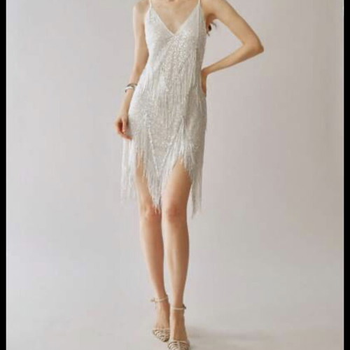 Uhlyne Women's Spaghetti Strap Sequin V-Neck Tassel Slit Hem Dress like new, white, XL