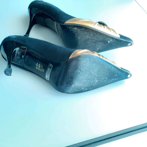 Women's shoes black suede and gold leather pumps like new