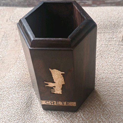 Wooden pencil holder used with map of Crete