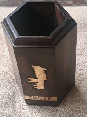 Wooden pencil holder used with map of Crete