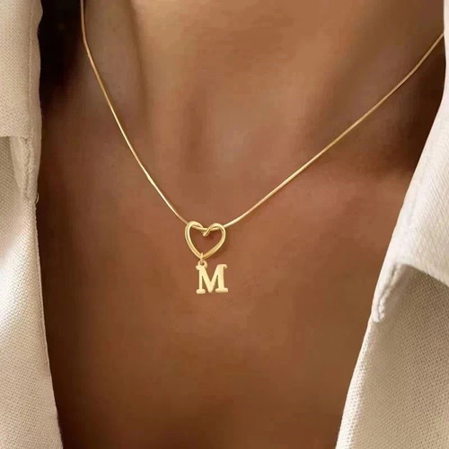 18K Gold Initial M Heart Necklace Stainless Steel New